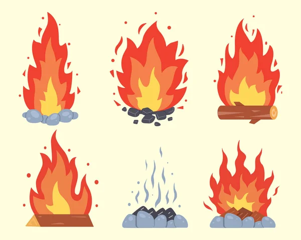 Κατασκήνωση διαφορετικού τύπου. Διάνυσμα που καίει κουφώματα φωτιάς. Συλλογή φωτιάς κάμπινγκ. Τζάκι με κάρβουνα φωτιά ή φωτιά στο σύνολο στυλ κινουμένων σχεδίων. — Διανυσματικό Αρχείο
