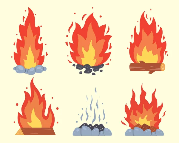 Fogueira tipos diferentes. Vetor queimando armações de fogueira. Coleção de fogo de acampamento. Lareira com carvão de fogo ou lareira em conjunto estilo cartoon. —  Vetores de Stock