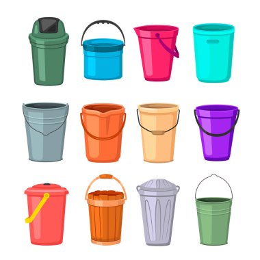 Farklı boş kovalar. Kova ve su kabının çizimi. Metal plastik ve ahşap kova koleksiyonu. Çöp konteynırları vektör illüstrasyonu.