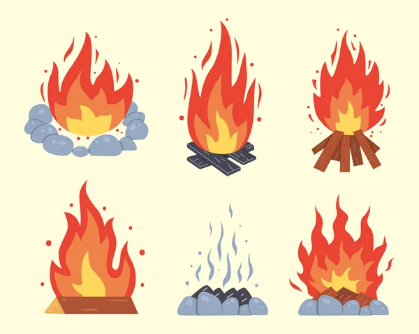 Fogueira tipos diferentes. Vetor queimando armações de fogueira. Coleção de fogo de acampamento. Lareira com carvão de fogo ou lareira em conjunto estilo cartoon. — Vetor de Stock