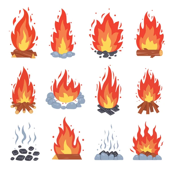 Lagerfeuer verschiedener Art. Vektor brennt Lagerfeuer Rahmen. Lagerfeuer sammeln. Kamin mit Holzkohle oder Holzfeuer im Cartoon-Stil. — Stockvektor
