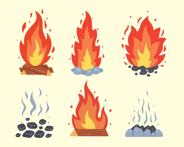 Campfire Different Types Vector Burning Bonfire Frames Camping Fire Collection — Stock Vector