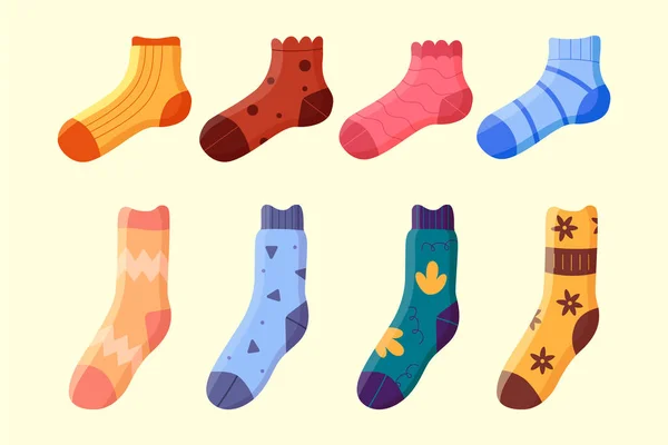 Een Collectie Stijlvolle Sokken Van Verschillende Texturen Sock Collectie Vectorillustratie — Stockvector