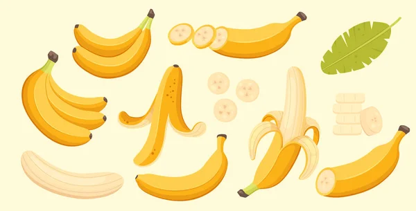 Conjunto Desenhos Animados Ilustração Bananas Amarelas Solteiro Casca Banana Cachos Ilustração De Stock