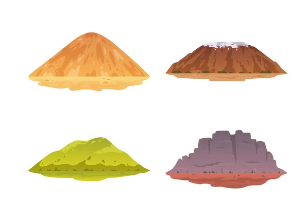 Set Icone Montagna Dei Cartoni Animati Isolati Vettoriali Montagne Paesaggio — Vettoriale Stock