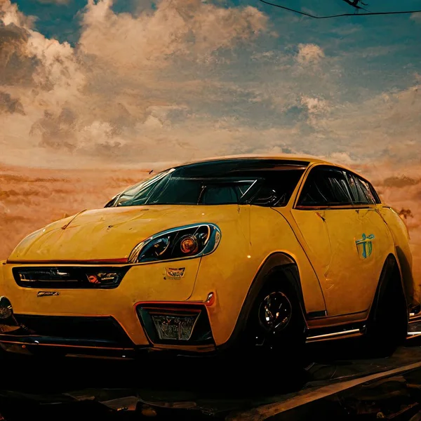 A vintage yellow car with a dramatic background and shining yellow colors during the daylight
