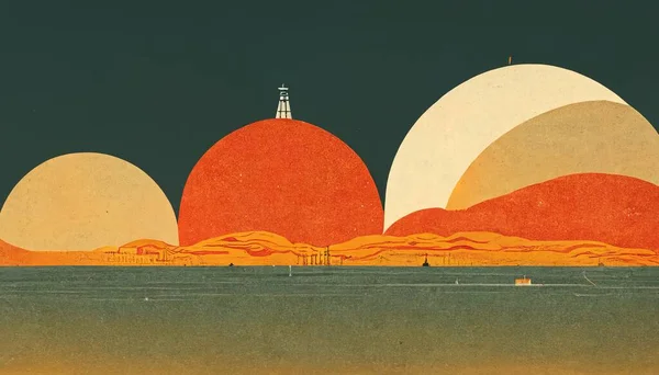 A Vector of a city during the sunset with yellow sun and orange background