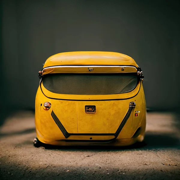 A vintage yellow car with a dramatic background and shining yellow colors during the daylight