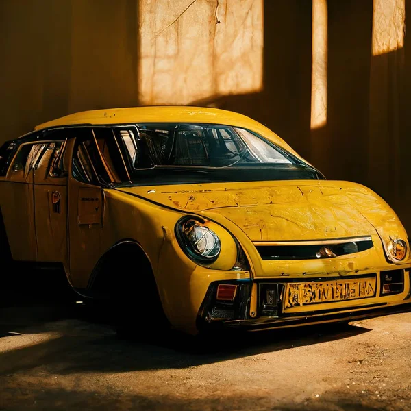 A vintage yellow car with a dramatic background and shining yellow colors during the daylight