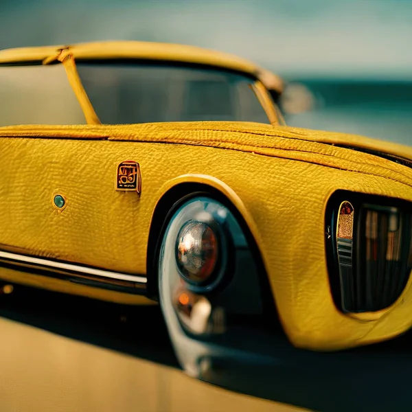 A vintage yellow car with a dramatic background and shining yellow colors during the daylight