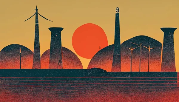 A Vector of a city during the sunset with yellow sun and orange background