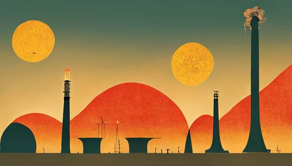A Vector of a city during the sunset with yellow sun and orange background