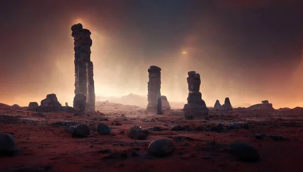 an alien world with the pillars and a sky full of stars during the dark night