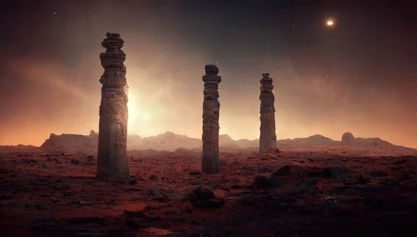 an alien world with the pillars and a sky full of stars during the dark night