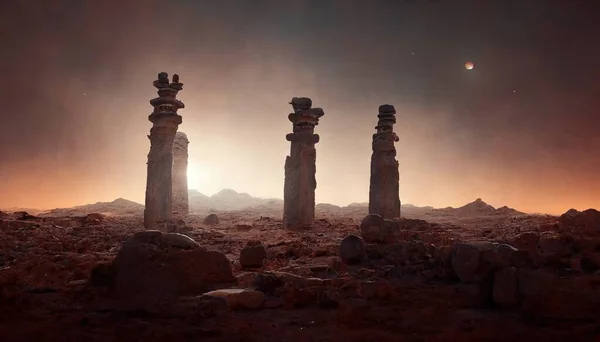 an alien world with the pillars and a sky full of stars during the dark night