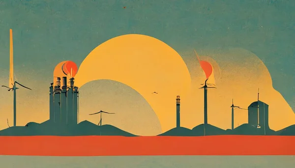 A Vector of a city during the sunset with yellow sun and orange background