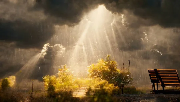 A Chair standing in front of the black cloud and thunder while in rainy weather during the morning
