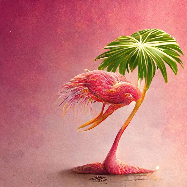 A Pink flamingo with a pink coconut tree in pink background during the daylight