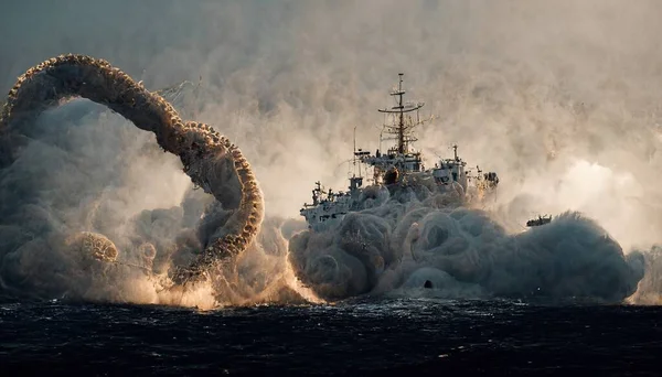 Giant Octopus Attacks a ship in the ocean brutally with a white cloud in the background during the daylight