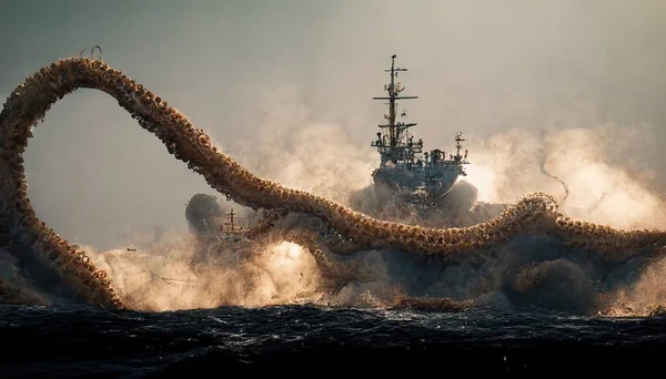 Giant Octopus Attacks a ship in the ocean brutally with a white cloud in the background during the daylight