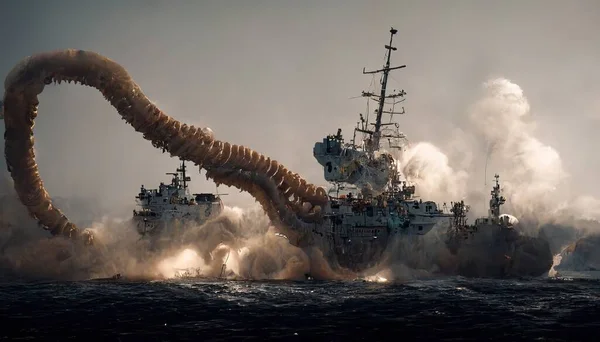 Giant Octopus Attacks a ship in the ocean brutally with a white cloud in the background during the daylight