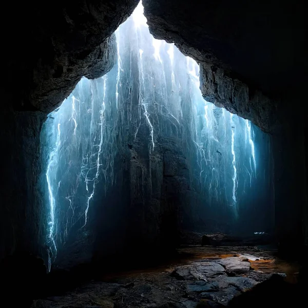 A blue lightning striking the ground inside the cave with scary vibes and brown wall