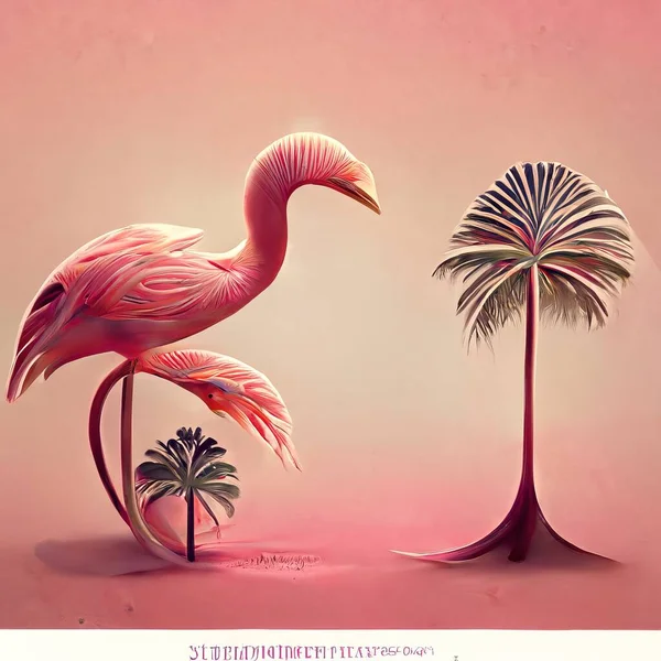 A Pink flamingo with a pink coconut tree in pink background during the daylight
