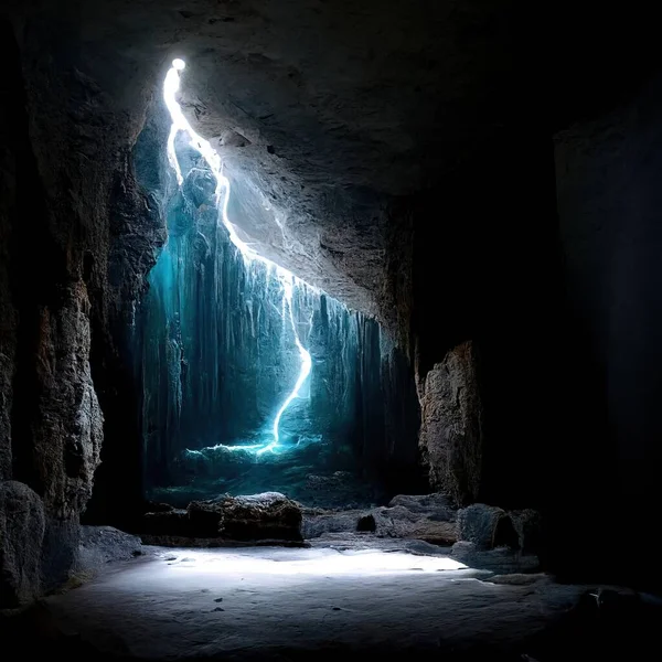 A blue lightning striking the ground inside the cave with scary vibes and brown wall