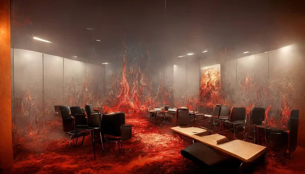 An office meeting room burning in the fire on the floor and the wall inside the building