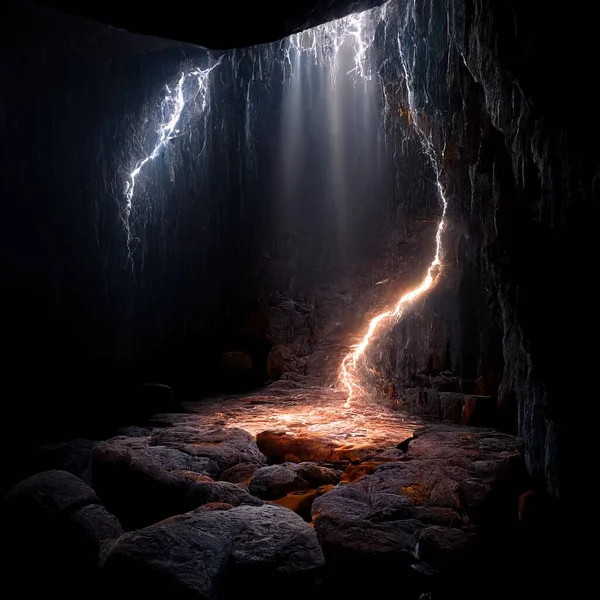 A blue lightning striking the ground inside the cave with scary vibes and brown wall