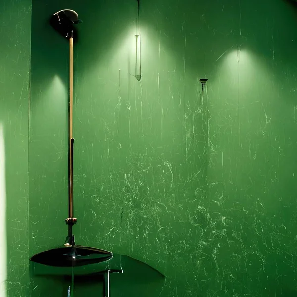 A Greenroom while raining with spotlight lightning and a black pillar inside that green room