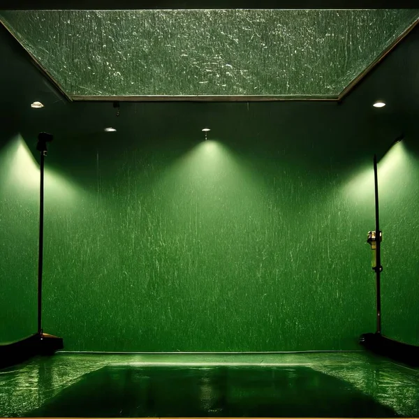 A Greenroom while raining with spotlight lightning and a black pillar inside that green room
