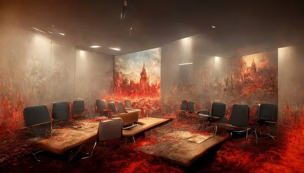 An office meeting room burning in the fire on the floor and the wall inside the building