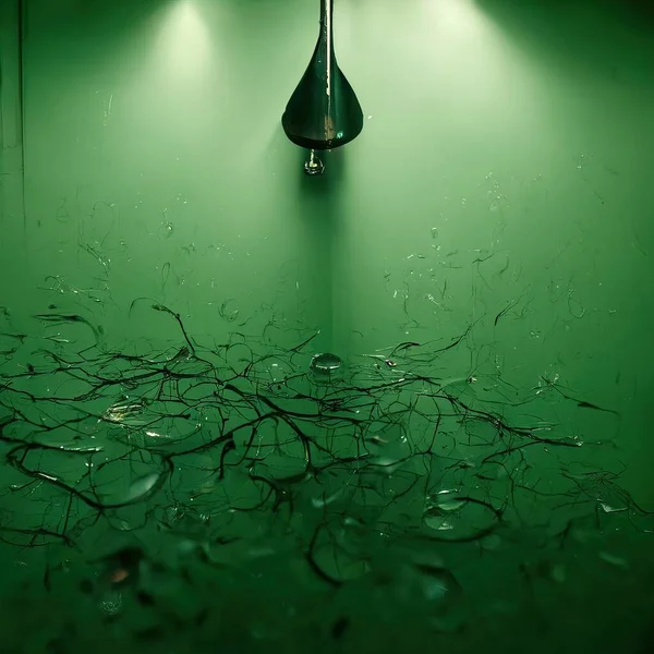 A Greenroom while raining with spotlight lightning and a black pillar inside that green room