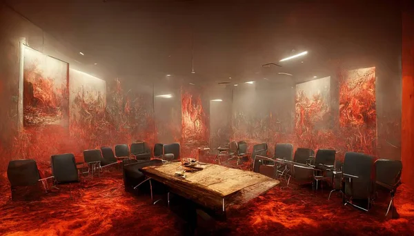 An office meeting room burning in the fire on the floor and the wall inside the building