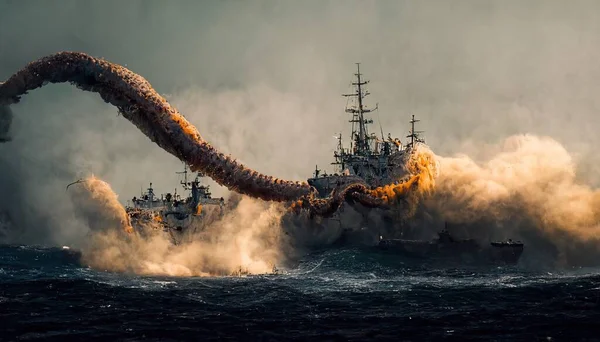 Giant Octopus Attacks a ship in the ocean brutally with a white cloud in the background during the daylight