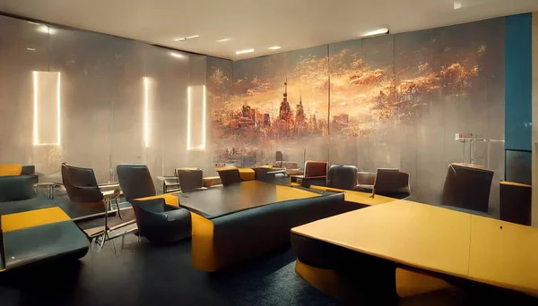A Modern future of the office meeting room with a yellow table and the chair inside the room