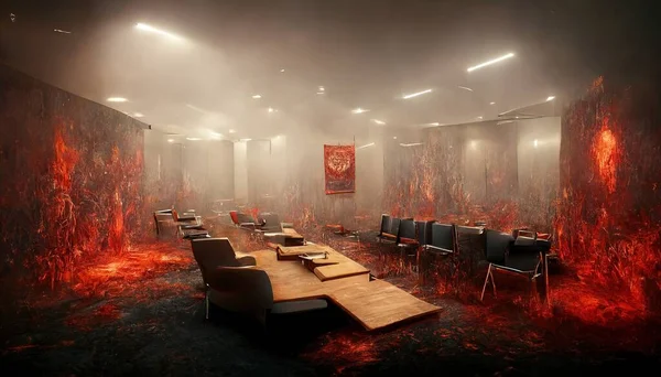 An office meeting room burning in the fire on the floor and the wall inside the building