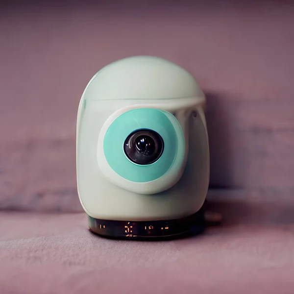 A 3D Illustration of a baby camera in a pink design a pastel color on the top of the table inside the baby room