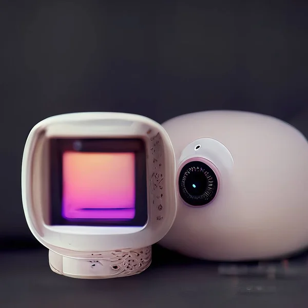 A 3D Illustration of a baby camera in a pink design a pastel color on the top of the table inside the baby room