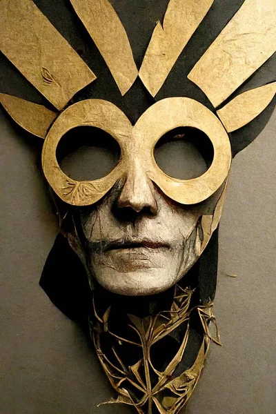 A 3D illustration of a Gold face mask for the party with a grey background in a grey room