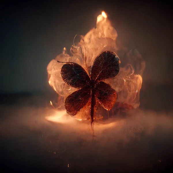 A 3D illustration of a red clover leaf on the fire between the burning wood inside the forest