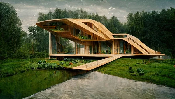 A 3D Illustration of a wooden futuristic house in the middle of the forest with the green bush in the morning