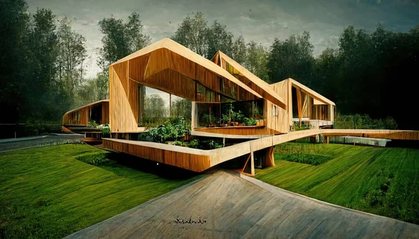 A 3D Illustration of a wooden futuristic house in the middle of the forest with the green bush in the morning
