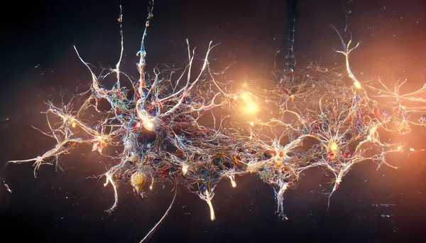 A 3D illustration of a neuron connecting to each other and had a gold light inside the human brain