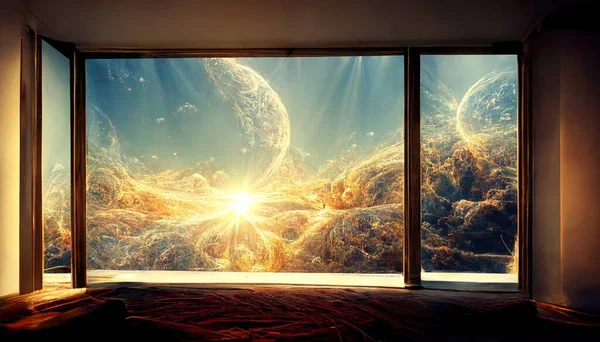 A 3D illustration of a cosmos cloud with a planet from the spaceship windows during the daylight