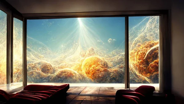 A 3D illustration of a cosmos cloud with a planet from the spaceship windows during the daylight