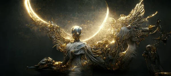 A 3D illustration of a Gold skeleton god with gold wings flying in the cosmos sky during the dark night