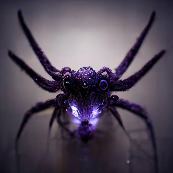 A 3D Illustration of a Dark purple spider with black legs and glowing purple eyes inside the box