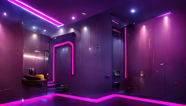 A 3D Illustration of a modern interior of a purple room with purple lighting during the dark night